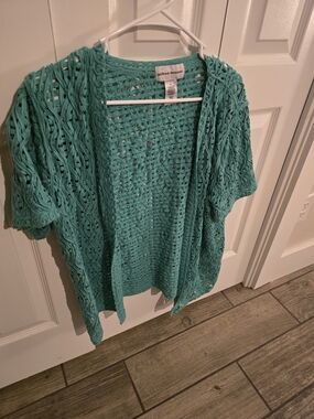 Alfred Dunner Teal Crochet Short Sleeve Open Cardigan Size XL